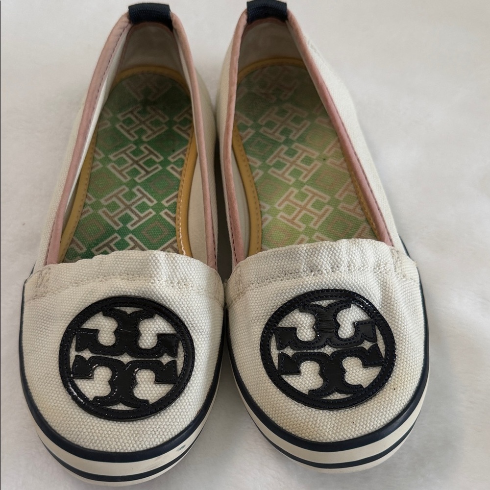Tory Burch Cream Canvas Flats with Black Emblem